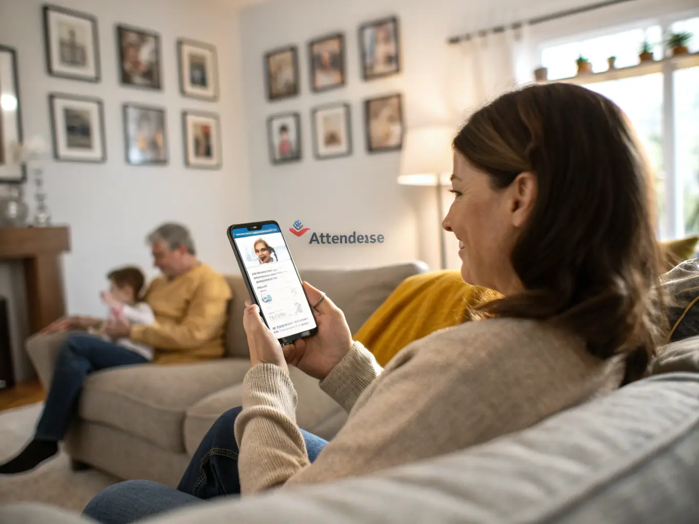 A parent using PrepTrack on a tablet, reviewing their child's college application progress with a smile, in a brightly lit, modern home setting.