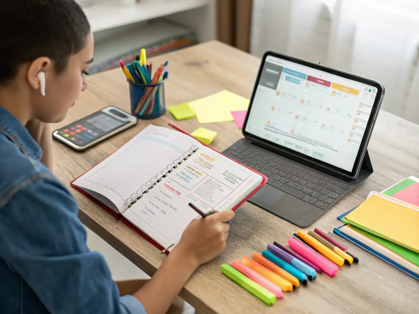 A student is using a calendar and planner to schedule their tasks and activities. The image should convey the feeling of being in control of their time and priorities.