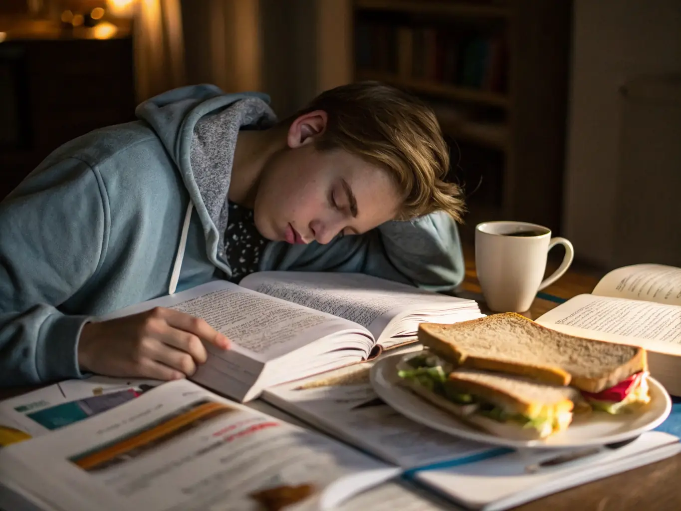A student is sitting at a desk, looking stressed and overwhelmed by a pile of papers. The image should convey the feeling of being disorganized and under pressure during the college application process.