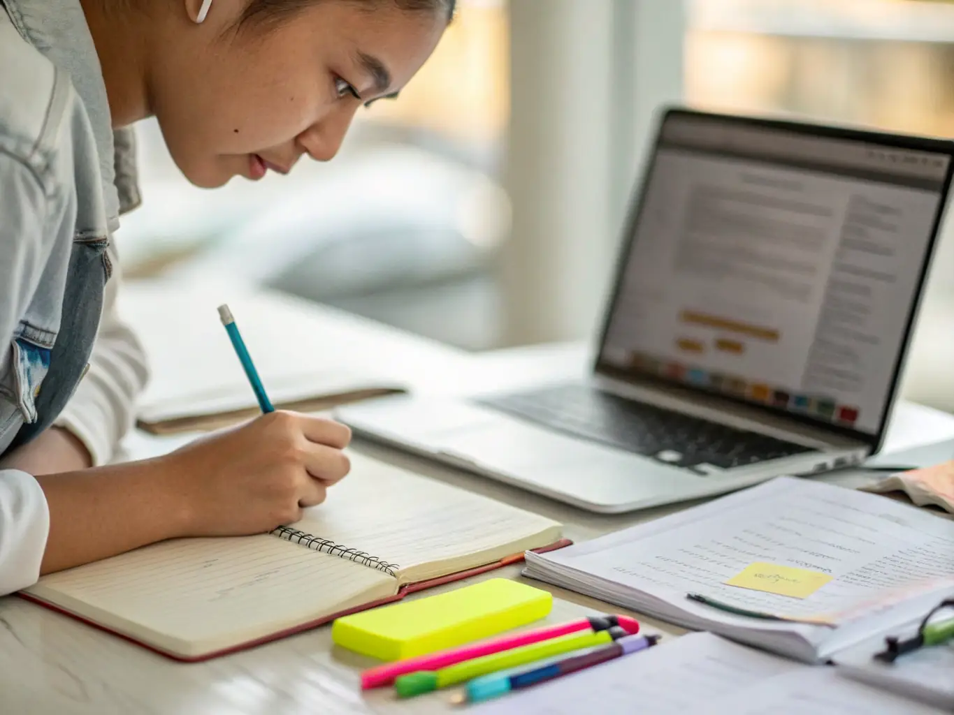 A student is sitting at a desk, looking stressed and overwhelmed by a pile of papers. The scene is lit with warm, inviting light, suggesting a solution to their problem. The image represents the chaos of college applications before PrepTrack.