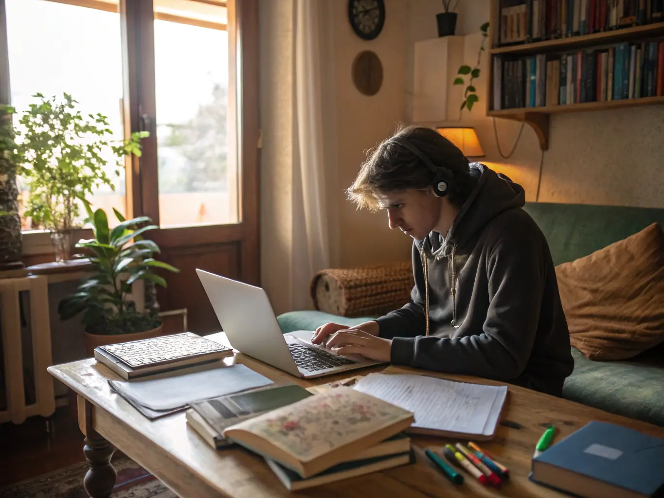 A student is sitting at a desk, looking stressed and overwhelmed by a pile of papers. The scene is lit with warm, inviting light, suggesting a supportive and encouraging atmosphere.