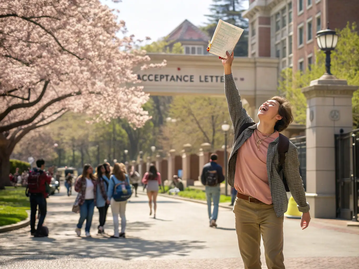 A student is smiling and celebrating, surrounded by confetti and acceptance letters. The background shows a collage of college logos, symbolizing success and achievement. The image represents the joy of getting accepted into college.