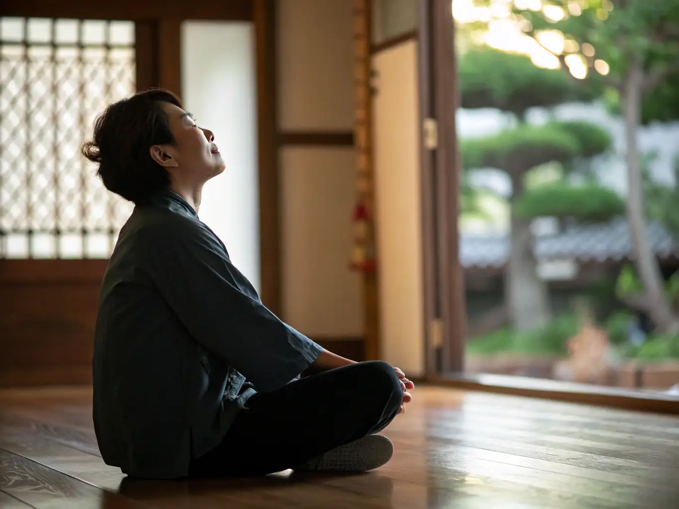 A student is meditating with a laptop in front of them, looking calm and focused. The image should convey the feeling of reduced stress and improved mental well-being.