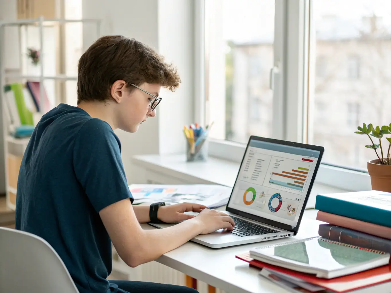 A student is filling out a college application form on a laptop, with a focused and determined expression. The background shows a collage of college logos and campus scenes.